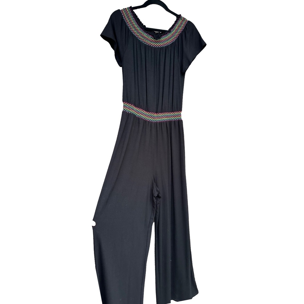 Cupio Jumpsuit L Black Off Shoulder Wide Leg Crop Smocked‎ Embroidered NEW Boho